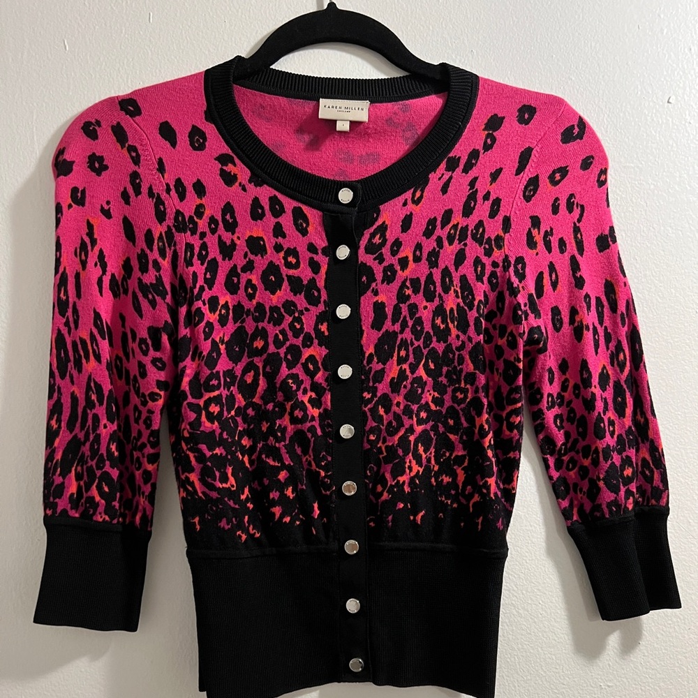 Karen Millen Black and Pink Leopard Cardigan